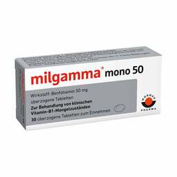 Abbildung: Milgamma mono 50 überzogene Tabletten Überzogene Tabletten, 30 St PZN 01221884
