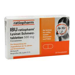 Abbildung: Ibu Ratiopharm Lysinat Schmerztabletten 500 mg Filmtabletten, 20 St PZN 01224115
