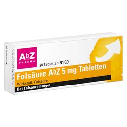Abbildung: Folsäure AbZ 5 mg Tabletten Tabletten, 20 St PZN 01234533