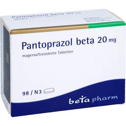 Abbildung: Pantoprazol beta 20 mg magensaftresistent Tabletten 98 St, Tabletten magensaftresistent PZN 01242389