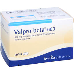 Abbildung: Valpro Beta 600 magensaftresistente Filmtabletten 50 St, Filmtabletten magensaftresistent PZN 01401327