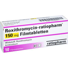 Abbildung: Roxithromycin ratiopharm 150 mg Filmtabletten 10 St, Filmtabletten PZN 01409961