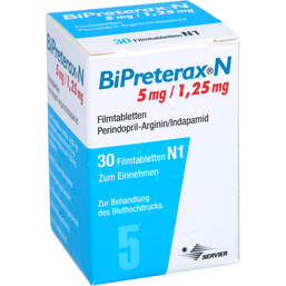Abbildung: Bipreterax N 5 mg / 1,25 mg Filmtabletten 30 St, Filmtabletten PZN 01424110