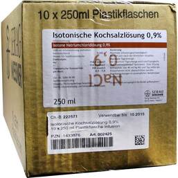 Abbildung: Kochsalzlösung 0,9% Plastikflaschen Infusionslösung, 10X250 ml PZN 01433876