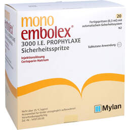Abbildung: Mono Embolex 3.000 I.E.Prophyl.Sicherh.Spr. 20 St, Injektionslösung PZN 01454418