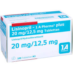 Abbildung: Lisinopril 1A Pharma plus 20 mg / 12,5 mg Tabletten 100 St, Tabletten PZN 01488127