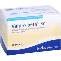 Abbildung: Valpro Beta 150 magensaftresistente Filmtabletten 200 St, Filmtabletten magensaftresistent PZN 01496718