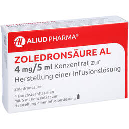 Abbildung: Zoledronsäure AL 4 mg / 5 ml Konzentrat z.Her.einer Infusionsl. 4 St, Infusionslösungskonzentrat PZN 01498166