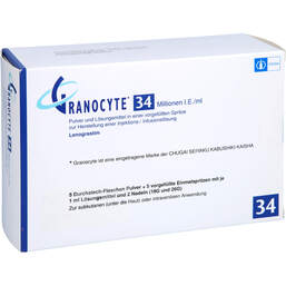 Abbildung: Granocyte 34 Tr.Subst.mit Spritze 5X1 St, Pulver u Lösungsm. z. Herst. e.Injektions- bzw. Infusionsl. PZN 01604059