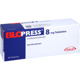 Abbildung: Blopress 8 mg Tabletten 98 St, Tabletten PZN 01618067