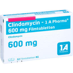 Abbildung: Clindamycin 1A Pharma 600 mg Filmtabletten 12 St, Filmtabletten PZN 01624524
