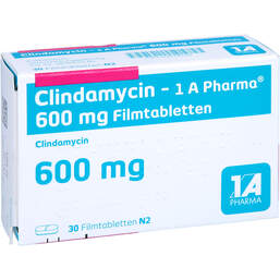 Abbildung: Clindamycin 1A Pharma 600 mg Filmtabletten 30 St, Filmtabletten PZN 01624530