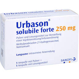 Abbildung: Urbason solubile forte 250 m 1 St, Pulver u Lösungsm. z. Herst. e.Injektions- bzw. Infusionsl. PZN 01646632