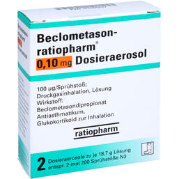 Abbildung: Beclometason ratiopharm 0,10mg Dosieraer.2x200 Hub 2 St, Dosieraerosol PZN 01660247