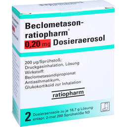 Abbildung: Beclometason ratiopharm 0,20mg Dosieraer.2x200 Hub 2 St, Dosieraerosol PZN 01660299