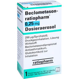 Abbildung: Beclometason ratiopharm 0,25mg Dosieraer.200 Hub 1 St, Dosieraerosol PZN 01660307