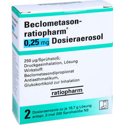 Abbildung: Beclometason ratiopharm 0,25mg Dosieraer.2x200 Hub 2 St, Dosieraerosol PZN 01660313
