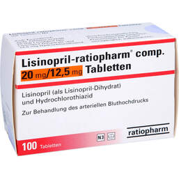 Abbildung: Lisinopril ratiopharm comp. 20 / 12,5 mg Tabletten 100 St, Tabletten PZN 01667114