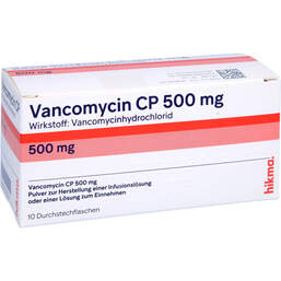 Abbildung: Vancomycin CP 500 mg Pulver zur Her.e.Lösung zum Einnehmen / Infusion 10 St, Trockensubstanz ohne Lösu PZN 01676768