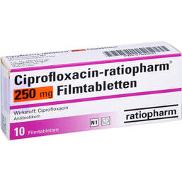 Abbildung: Ciprofloxacin ratiopharm 250 mg Filmtabletten 10 St, Filmtabletten PZN 01690231