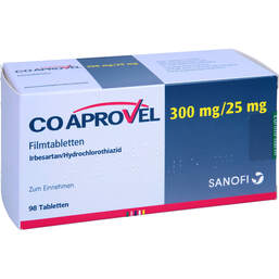 Abbildung: Coaprovel 300 mg / 25 mg Filmtabletten 98 St, Filmtabletten PZN 01743401