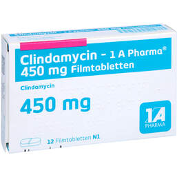 Abbildung: Clindamycin 1A Pharma 450 mg Filmtabletten 12 St, Filmtabletten PZN 01744932