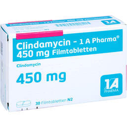 Abbildung: Clindamycin 1A Pharma 450 mg Filmtabletten 30 St, Filmtabletten PZN 01744949