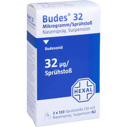 Abbildung: Budes Nasenspray 32µg / Sprühstoß 120 ED 2X10 ml, Nasendosierspray PZN 01766365