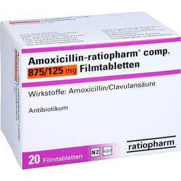 Abbildung: Amoxicillin Ratiopharm com.875mg / 125mg Filmtabletten 20 St, Filmtabletten PZN 01827138
