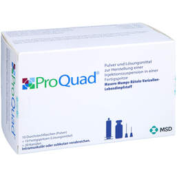 Abbildung: Proquad Pulver + Lösungsmittel z.Her.einer Injektionssuspension in einer Fertigspritze 10X0.5 ml, Fertigspritzen PZN 01851444