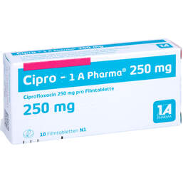 Abbildung: Cipro 1A Pharma 250 mg Filmtabletten 10 St, Filmtabletten PZN 01969938