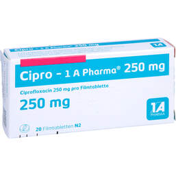 Abbildung: Cipro 1A Pharma 250 mg Filmtabletten 20 St, Filmtabletten PZN 01969967
