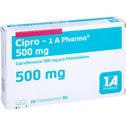 Abbildung: Cipro 1A Pharma 500 mg Filmtabletten 10 St, Filmtabletten PZN 01969973