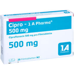 Abbildung: Cipro 1A Pharma 500 mg Filmtabletten 20 St, Filmtabletten PZN 01969996
