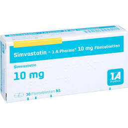 Abbildung: Simvastatin 1A Pharma 10 mg Filmtabletten 30 St, Filmtabletten PZN 01970002