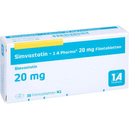 Abbildung: Simvastatin 1A Pharma 20 mg Filmtabletten 30 St, Filmtabletten PZN 01970516