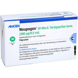 Abbildung: Neupogen 30 Mio.E. Fertigspritzen konz.300 µg / 0,5 ml 5 St, Fertigspritzen PZN 01975436