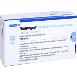 Abbildung: Neupogen 48 Mio.E. Fertigspritzen konz.480 µg / 0,5 ml 5 St, Fertigspritzen PZN 01975442