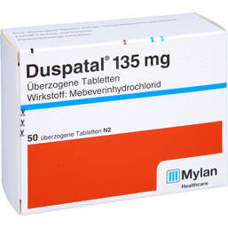 Abbildung: Duspatal 135 mg überzogene Tabletten 50 St, Überzogene Tabletten PZN 01980259