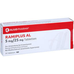Abbildung: Ramiplus AL 5 mg / 25 mg Tabletten 20 St, Tabletten PZN 01994824