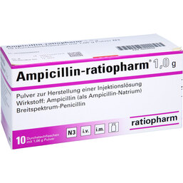 Abbildung: Ampicillin ratiopharm 1,0 Trockensubstanz ohne Lösungsmittel 10 St, Pulver zur Herstellung einer Injektionslösung PZN 02036628