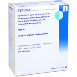 Abbildung: Repevax Injektion Suspension in einer Fertigspritze ohne Kanüle 10X1 St, Fertigspritzen PZN 02042965