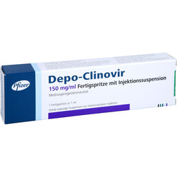 Abbildung: Depo Clinovir 150 mg Injektionssuspension in einer Fertigspritze 1 St, Fertigspritzen PZN 02068597
