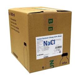 Abbildung: Kochsalzlösung 0,9% Glasflasche 6X1000 ml, Infusionslösung PZN 02138524
