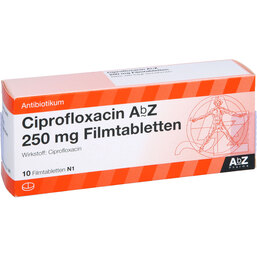 Abbildung: Ciprofloxacin AbZ 250 mg Filmtabletten 10 St, Filmtabletten PZN 02162043