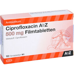 Abbildung: Ciprofloxacin AbZ 500 mg Filmtabletten 10 St, Filmtabletten PZN 02162103