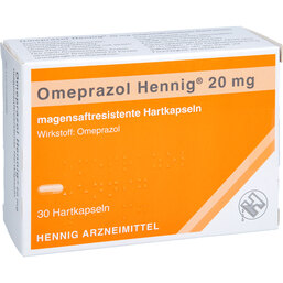 Abbildung: Omeprazol Hennig 20 mg magensaftresistent Hartkapseln 30 St, Kapseln magensaftresistent PZN 02331250