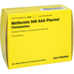 Abbildung: Metformin 500 mg AAA Pharma Filmtabletten 120 St, Filmtabletten PZN 02344100
