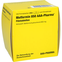 Abbildung: Metformin 850 mg AAA Pharma Filmtabletten 120 St, Filmtabletten PZN 02344123
