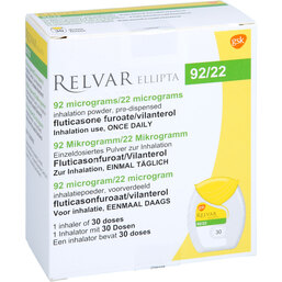 Abbildung: Relvar Ellipta 92 Mikrogramm / 22 Mikrogramm Inh.-P. 1X30 St, Inhalationspulver PZN 02359975